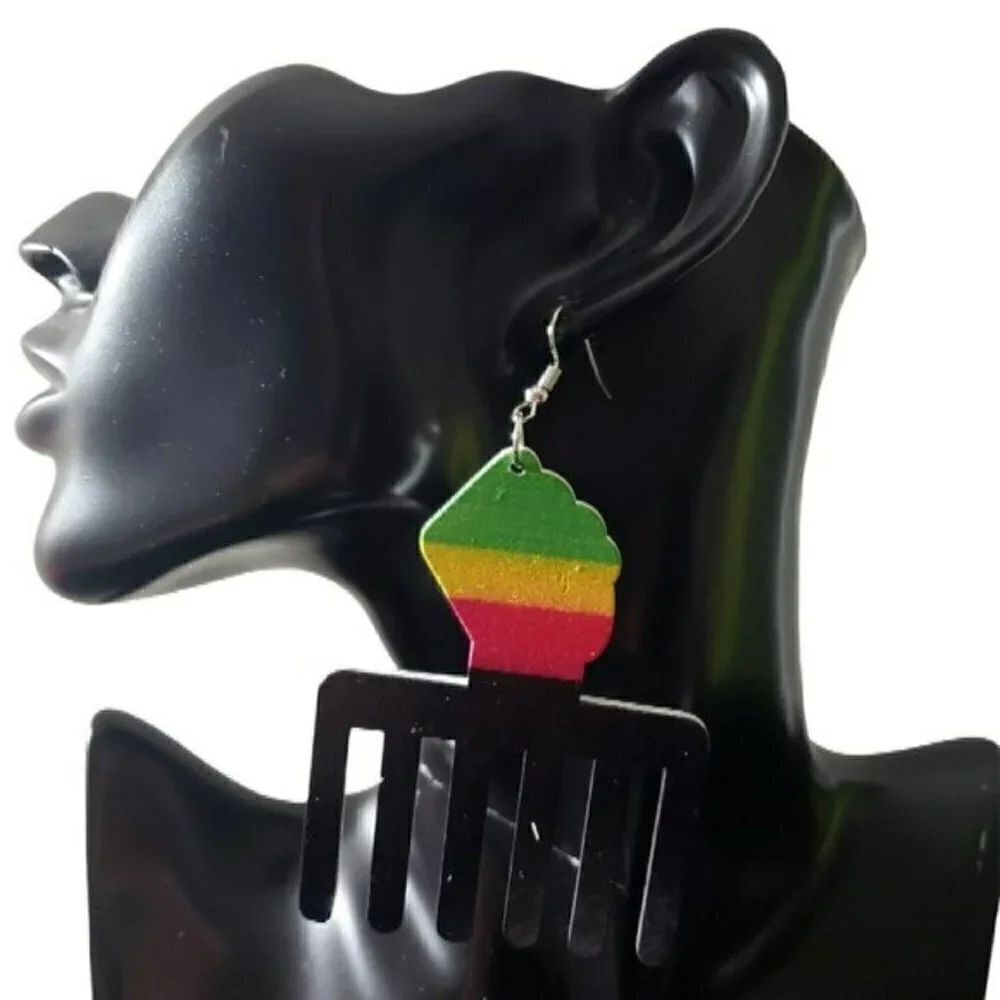 Womens Multicolor Wooden Afro Pick African American Retro French Hook Earrings